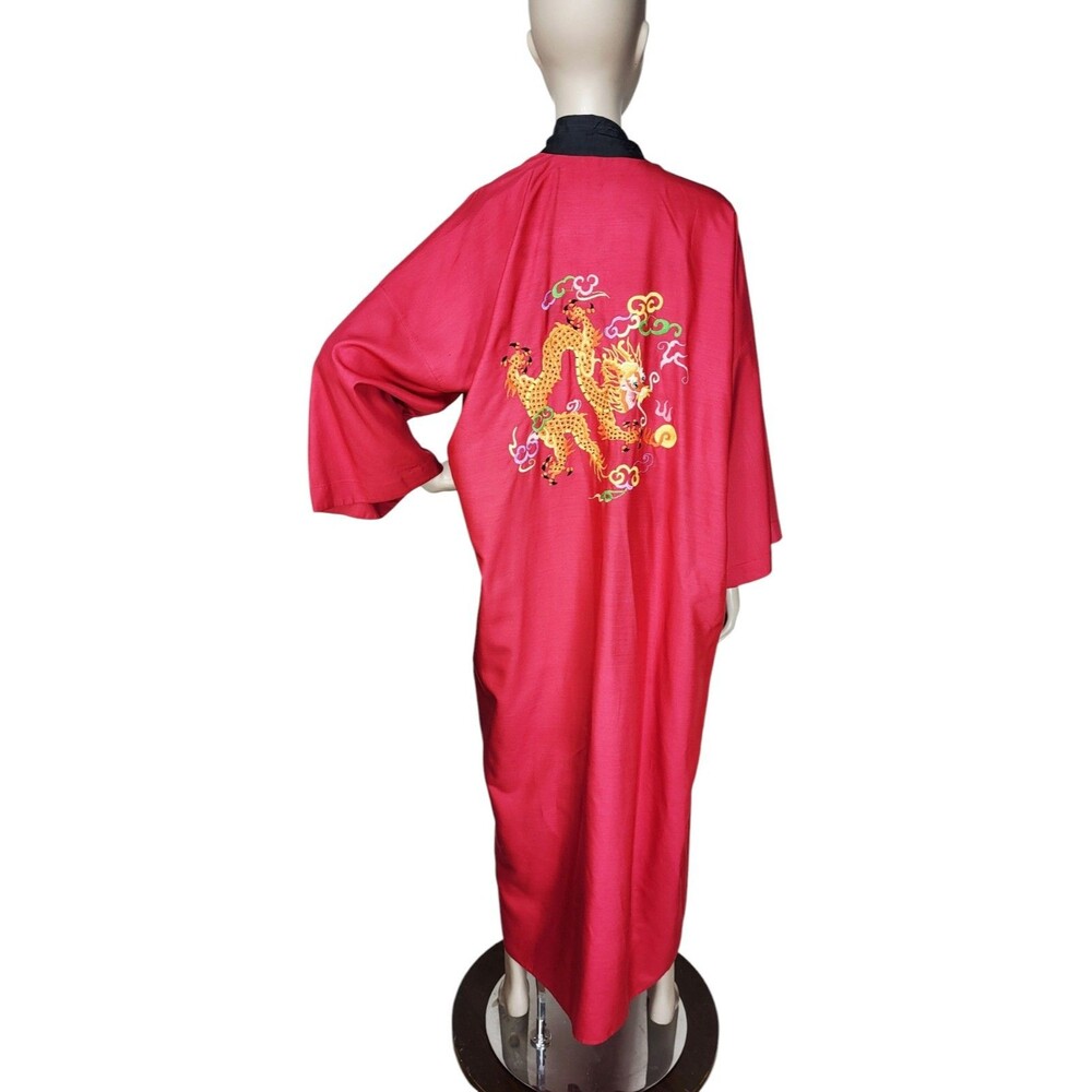 Vintage 50s Chinese 100% Silk Dragon Hand Embroidered Red Open Front Robe